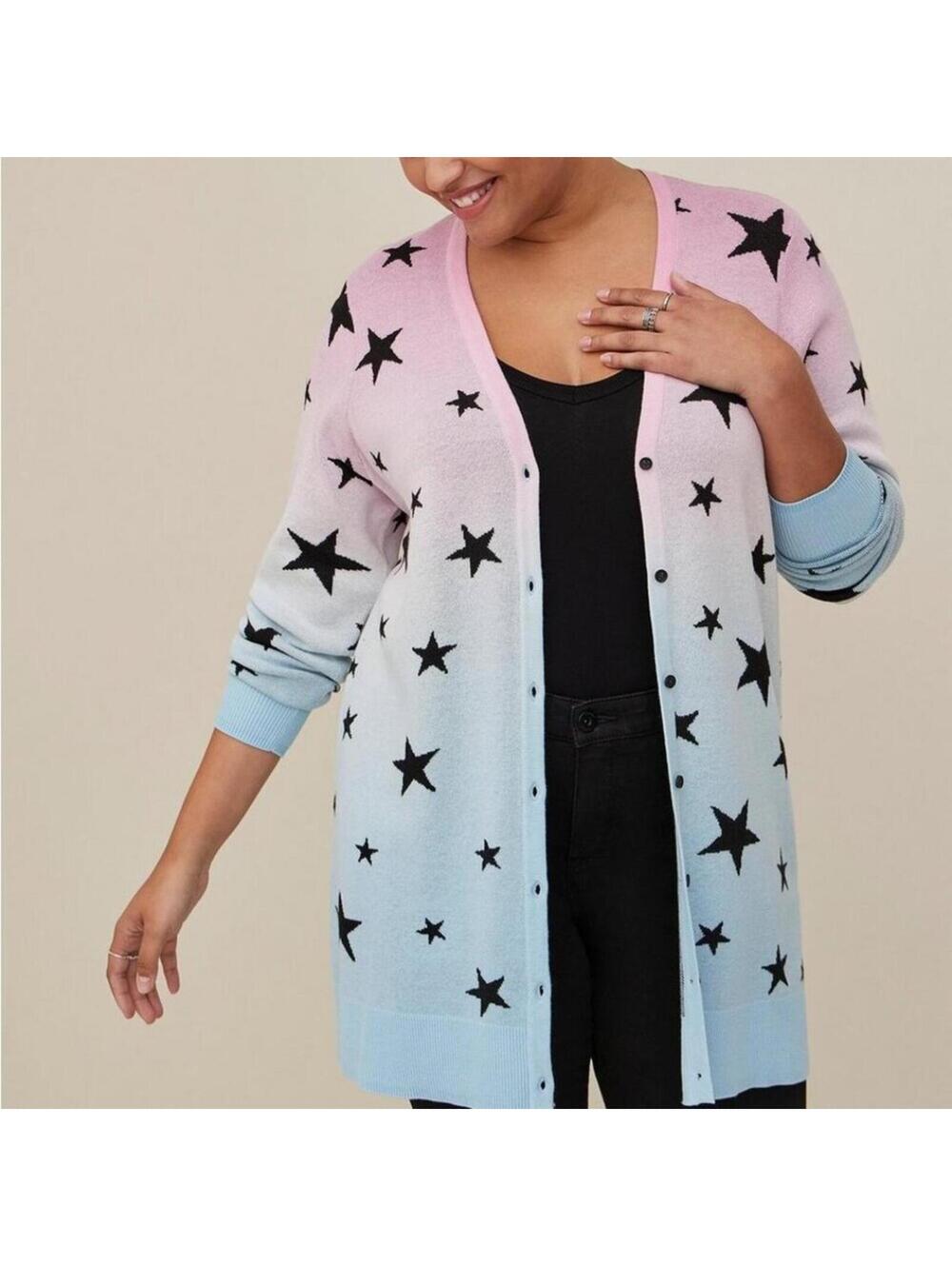 Torrid Pastel Ombre Pink Blue Black Star Knit Boyfriend Cardigan 0 Large 12 NWT